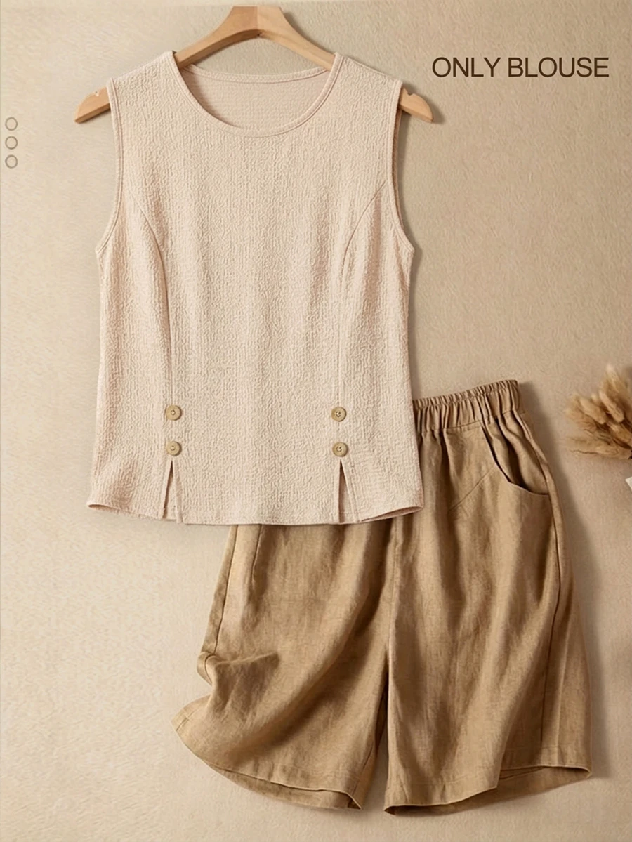 SHEIN LUNE Women's Versatile Solid Color Button Design Sleeveless Blouse Summer Vacation - Apricot - View 1