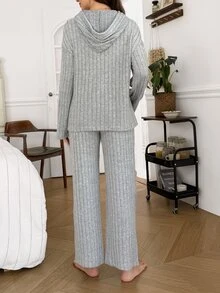 Moonlight&Mama Autumn/Winter Casual Ribbed Fabric Hooded Long Sleeve Top And Pants Maternity Loungewear Set, Soft And Comfortable - Light Grey - View 2