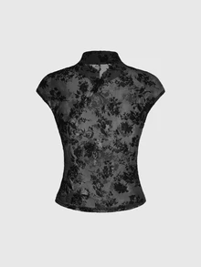 ROMWE Avant New Chinese Style Plant Flocked Sheer Qipao Collar Plus Size Mesh Top - Black - View 2