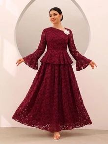 Graceveil Elegant 3D Floral Cut-Out Hem Flared Sleeve Cinched Waist Top And Full Skirt Set For Autumn/Winter Party - Red - View 1