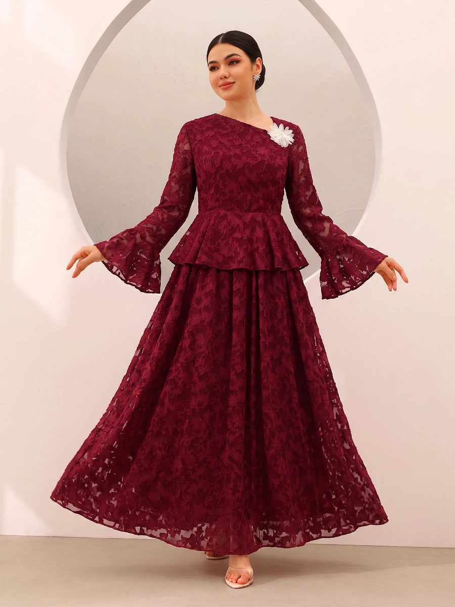 Graceveil Elegant 3D Floral Cut-Out Hem Flared Sleeve Cinched Waist Top And Full Skirt Set For Autumn/Winter Party - Red - View 1