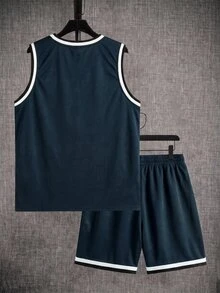 Manfinity Hypemode Men's Digital Print Navy Blue Tank Top & Shorts Set - Blue - View 2