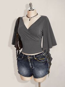 SHEIN ICON 女款純色V領修身百搭日常休閒T恤 - 灰色 - 查看 6