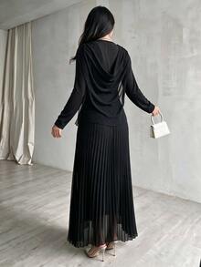 Modelyn طقم شال نسائي منسوج أسود بأكمام طويلة مزين بالراينستون وتصميم مطوي، رومانسي وأنيق للتنقل والحفلات والمواعيد والخروجات، طقم من قطعتين - الأسود - مشاهدة 2