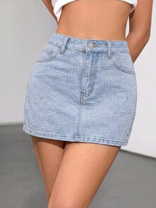 SHEIN ICON Women's Rhinestone Embellished Pocket Casual Versatile Denim Skirt - Light Wash - View 2