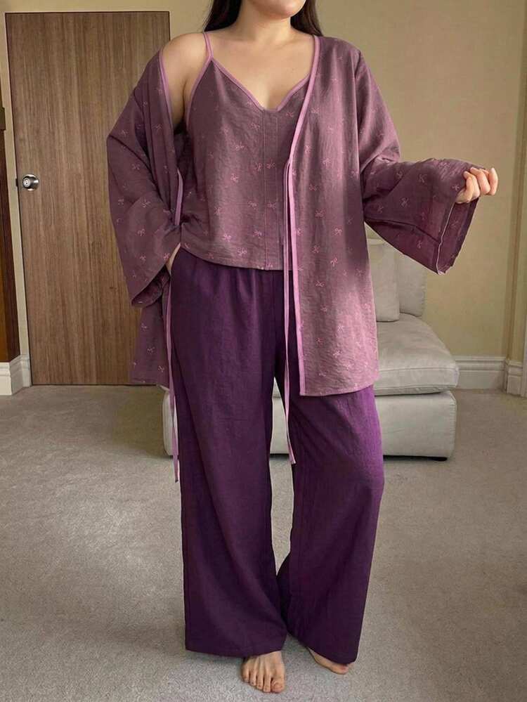 Dazy Plus 3pcs Colorblock Floral Camisole Cardigan Top & Long Pants Loungewear Set, Spring Summer Autumn Pajama Set - Violet Purple - View 1