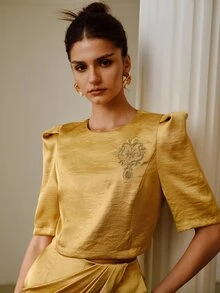 ZEYLAH Women's Exquisite Embroidered Beaded Puff Mid-Sleeve Top - Khaki - View 6
