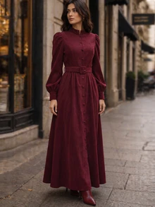 Balvessa Women's Elegant Commuter Front Button Long Dress, Autumn/Winter - Burgundy - View 3
