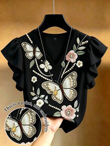 EMERY ROSE Plus Size French Elegant V-Neck Ruffle Trim Short Sleeve T-Shirt, Slim Fit - Multicolor - View 1