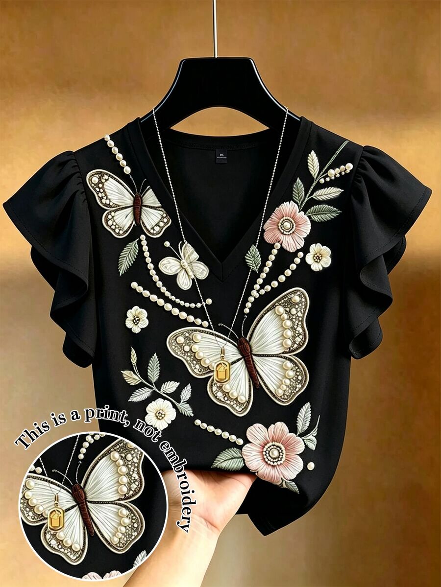 EMERY ROSE Plus Size French Elegant V-Neck Ruffle Trim Short Sleeve T-Shirt, Slim Fit - Multicolor - View 1