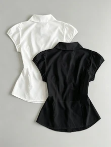 IslaSuriya Plus Size Women Solid Color Short Sleeve Single-Breasted Casual Shirt - Black and White - View 2