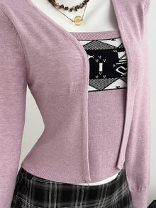 Elamini Sweater Wanita Lengan Panjang Warna Polos Motif Geometris 2 In 1 - Berwarna merah muda - View 5
