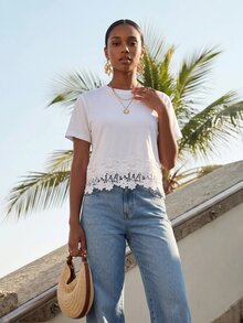 CAJUNI Women's Versatile Lace Patchwork Short Sleeve T-Shirt For Vacation And Travel - White - View 8