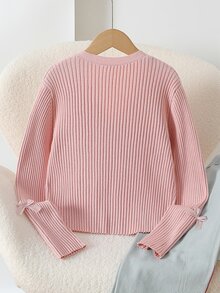 SHEIN 8-12歲女童粉色羅紋V領針織開襟衫，3D蝴蝶結裝飾短版毛衣外套，甜美風，春秋百搭針織上衣 - 粉色 - 查看 2