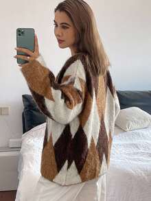 DAZY Women's Brown Loose Business Casual Office Wear Minimalist Contrast Color Patchwork Rhombus Geometric Pattern Thickened Plush Knit Cardigan Sweater, Autumn Winter Plaid - Yellow - View 3