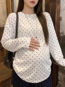 Dazy Maternity Contrast Polka Dot Loose Long Sleeve Crew Neck Casual Vacation Daily Versatile Spring Autumn Maternity T-Shirt - White - View 1