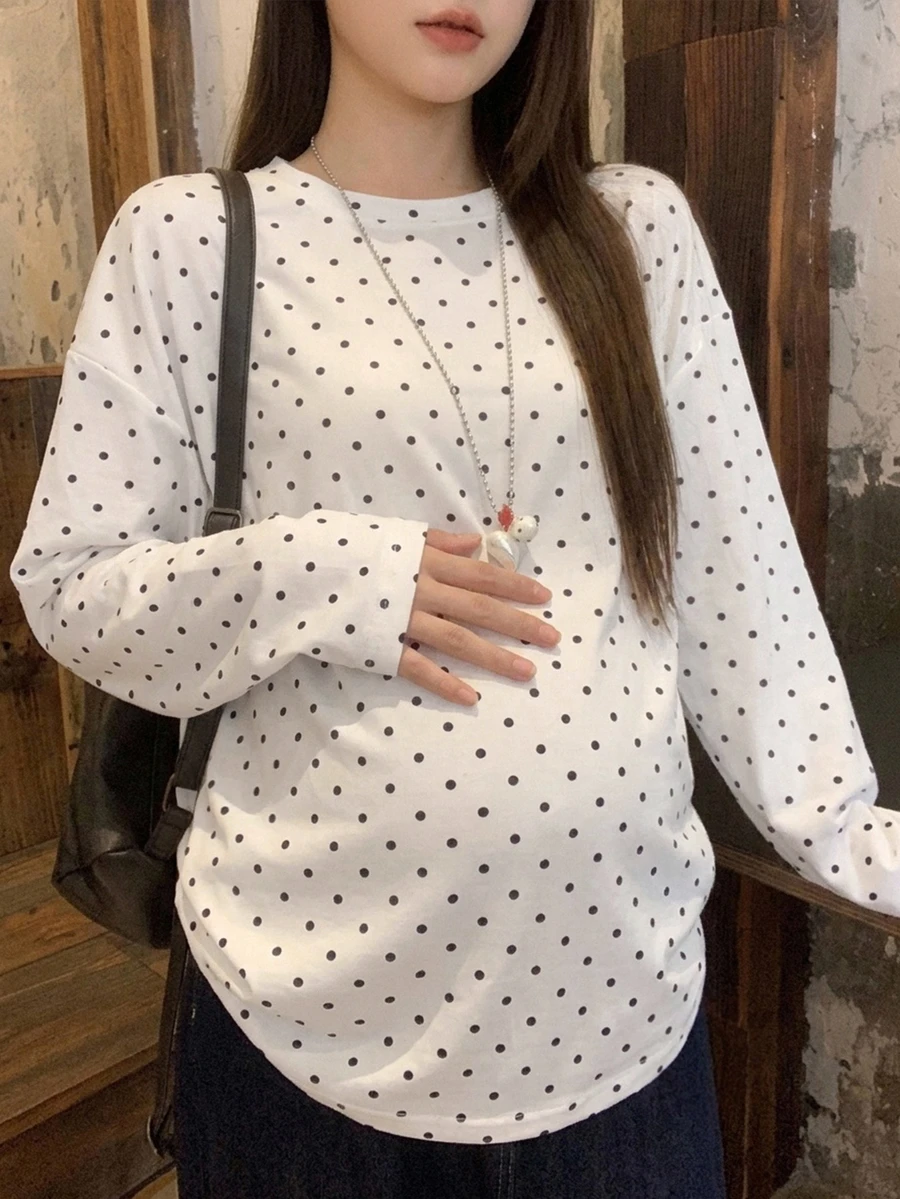 Dazy Maternity Contrast Polka Dot Loose Long Sleeve Crew Neck Casual Vacation Daily Versatile Spring Autumn Maternity T-Shirt - White - View 1