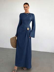 SHEIN Tall CURVE Gaun Pesta Kasual Wanita Ukuran Besar dengan Dekorasi Logam untuk Musim Gugur - Navy Blue - View 6