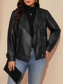 SHEIN LUNE Plus Size Women's Solid Color PU Leather Fashion Versatile Long Sleeve Jacket - Black - View 7
