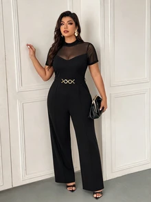 Femmeverse Plus Size Women's Fashion Elegant Round Neck Mesh Patchwork Short Sleeve, Waist Metal Buckle Decor Straight Leg Solid Color Jumpsuit, Suitable For Spring And Summer - Black - View 6