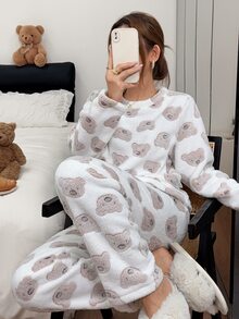 Napfluff Women's Cute Bear Soft Plush Long Sleeve & Long Pants Pajama Set - White - View 1