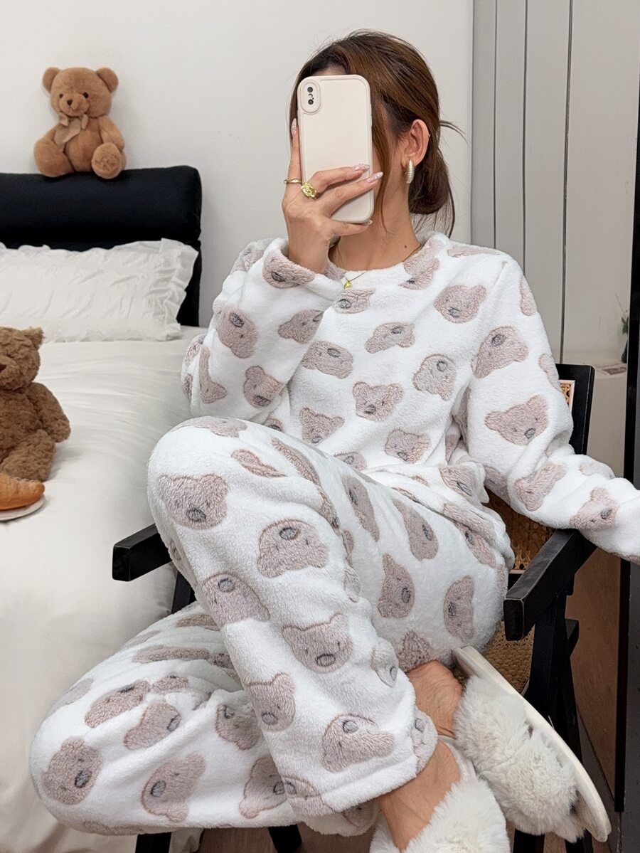 Napfluff Women's Cute Bear Soft Plush Long Sleeve & Long Pants Pajama Set - White - View 1