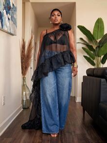 Slaydiva Spring/Autumn New Elegant & Luxurious Loose Solid Black One-Shoulder Top With 3D Floral Decor, Sheer Mesh Ruffle Patchwork And Extra-Long Train For Party, Wedding, Graduation, Cocktail, Birthday, Date, Prom And Other Occasions, Plus Size Women's Top-A - Black - View 4