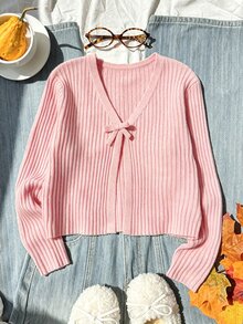 SHEIN 青少年女孩針織蝴蝶結開襟外套，搭配細肩帶背心 - 粉色 - 查看 3