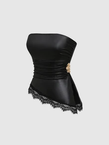 Sweetra Women's Black PU Leather Casual Minimalist Bandeau Sleeveless Ruched Waist Metal Buckle Decor Asymmetrical Hem Ruffle Patchwork Top - Black - View 1