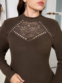 Chikora Plus Size Women Elegant Embroidered Hollow Out Long Sleeve Top - Brown - View 2
