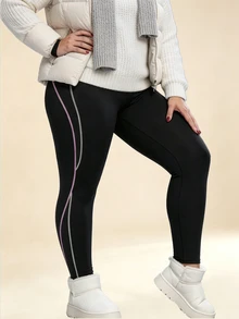 SHEIN Rhythm Era Legging Olahraga Wanita Ukuran Besar Musim Gugur/Dingin, Tebal, Berlapisan Termal, Motif Garis-Garis Blok Warna, Motif Patchwork - Hitam - View 8