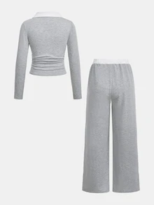 SHEIN Tween Girl 灰色針織兩件式休閒日常百搭套裝 - 灰色 - 查看 2
