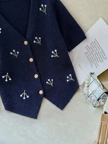 Modelyn 女款大尺碼V領刺繡短袖套頭針織開襟衫 - 藏蓝色 - 查看 4