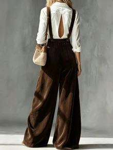 LUMIGAL Women's Autumn/Winter Velvet Jumpsuit With Pockets And Adjustable Straps - Coffee Brown - View 2