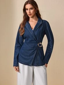 Selenza Jaket Denim Wanita dengan Gesper Logam dan Model Lilitan di Pinggang - Dark Wash - View 5