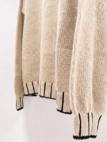 SHEIN LUNE 女款拼色休閒百搭日常穿著長袖針織衫 - 杏色 - 查看 3