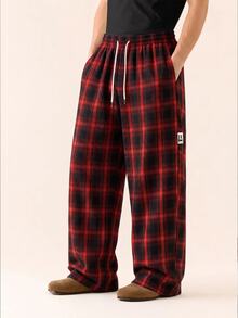 Mainfolk Men's Casual Loose Plaid Long Pants - Red - View 2