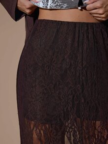 SHEIN BAE 女款蕾絲拼接長袖夾克與裙裝時尚套裝 - 棕色 - 查看 8