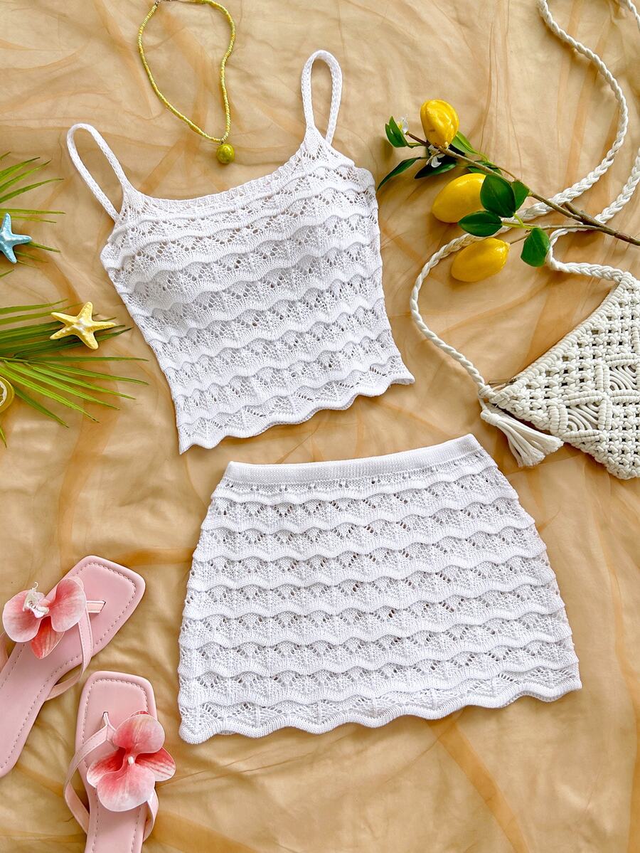 Soleia Women's Solid Color Hollow Out Camisole Knit Top And Knit Skirt 2 Pieces Set Beach Vacation White Summer Boho Tropical,Girly, - White - View 1