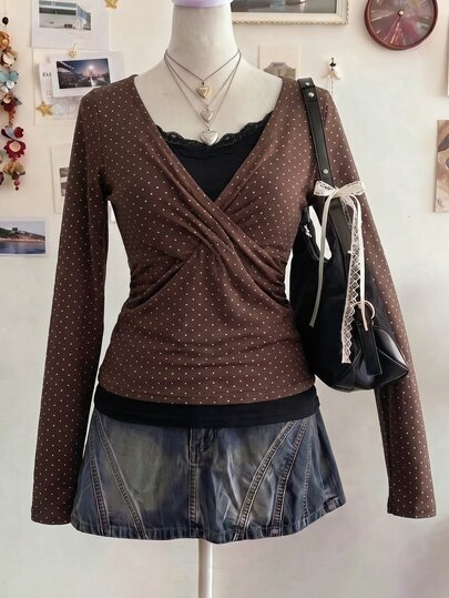 Lalippa Autumn New 2 In 1 Brown Base White Polka Dot Splice Black Cross Collar Lace Trim Casual Long Sleeve Women's T-Shirt