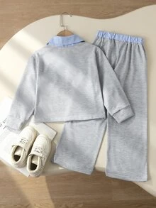 SHEIN Elladie kids (小女孩) 2件套，淺灰色長袖上衣搭配藍白垂直條紋領口假領設計與蝴蝶結刺繡，配套長褲，適合日常上學、返校、戶外拍照、拜訪親友及郊區出遊 - 灰色 - 查看 2