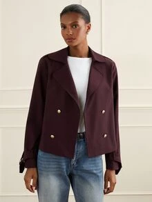 Lilora Jaket Trench Coat Lengan Panjang Kancing Elegan untuk Wanita, Cocok untuk Pakaian Sehari-hari dan Acara Kumpul-kumpul - Merah - View 3