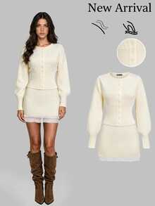 Autumina Women's Solid Color Lantern Sleeve Top And Mini Skirt Knit Set - Beige - View 1