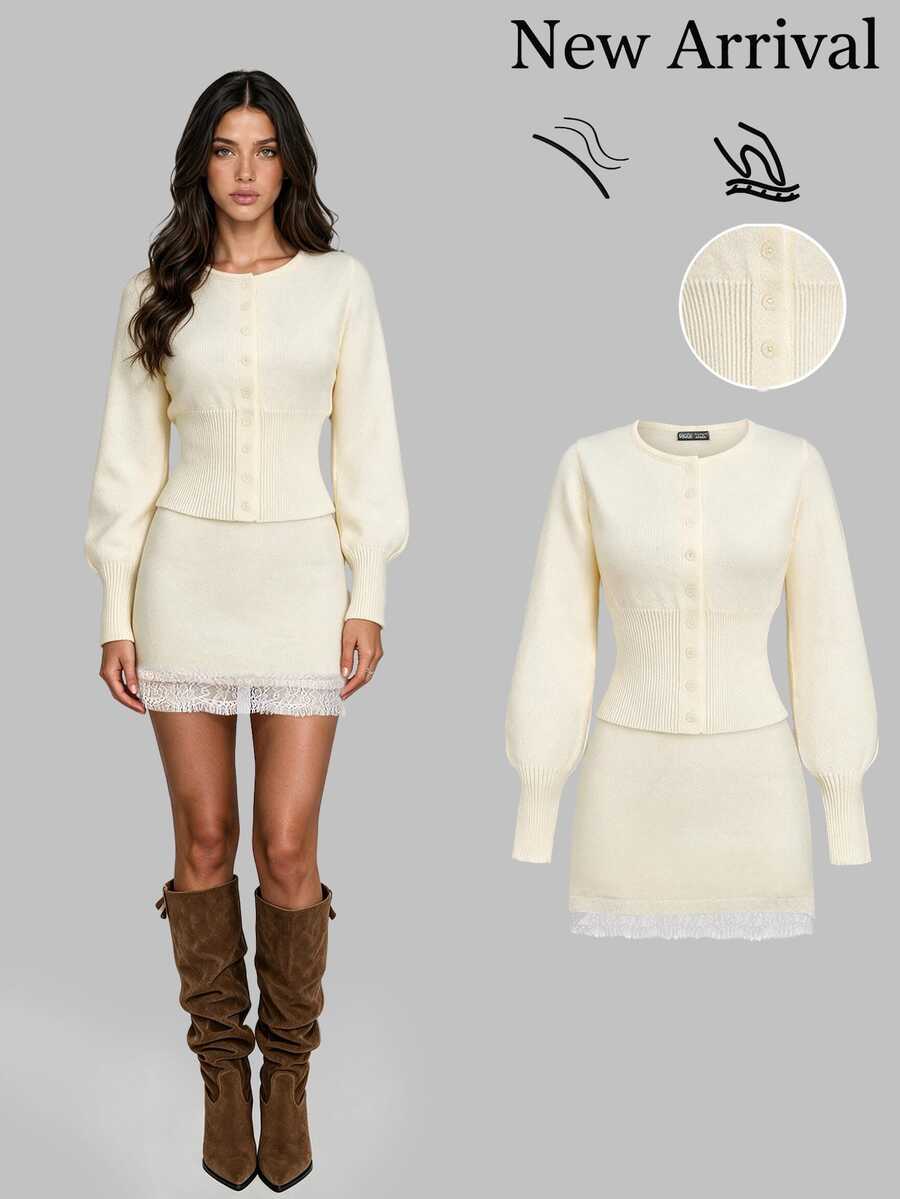 Autumina Women's Solid Color Lantern Sleeve Top And Mini Skirt Knit Set - Beige - View 1