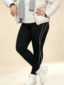 SHEIN Rhythm Era Legging Olahraga Wanita Ukuran Besar Musim Gugur/Dingin, Tebal, Berlapisan Termal, Motif Garis-Garis Blok Warna, Motif Patchwork - Hitam - View 5