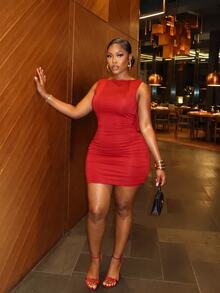 Slaydiva Plus Size Red Sequin Ruched Backless Mini Dress, Halloween Costume Sexy Party Cocktail Birthday Going Out - Red - View 7