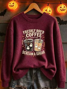 SHEINBlues Women's Casual Cute Streetwear Fall Halloween Theme Top, Ghost Pattern Crew Neck Long Sleeve Faux Sweater Everyday Holiday Burgundy Rave - Burgundy - View 1