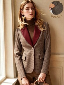 SHEIN Women's Vintage Velvet Houndstooth Lapel Single-Breasted Blazer, Contrast Color Design, Versatile Jacket For Spring, Autumn, Winter, Suitable For Office, Commuting And Other Occasions - Khaki - View 1