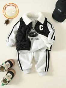 中性嬰兒男/女童 幼兒 3件組 秋冬加厚抓絨休閒時尚運動衫套裝與黑色棉墊背心外套套裝 多件式 嬰兒冬季服飾 運動套裝 - 黑色 - 查看 7