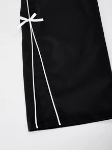 SHEIN 2件組時尚休閒女款/青少年新款黑色針織拼接白色飾邊拉鍊立領夾克與白色飾邊寬鬆長褲套裝 - 黑色 - 查看 5